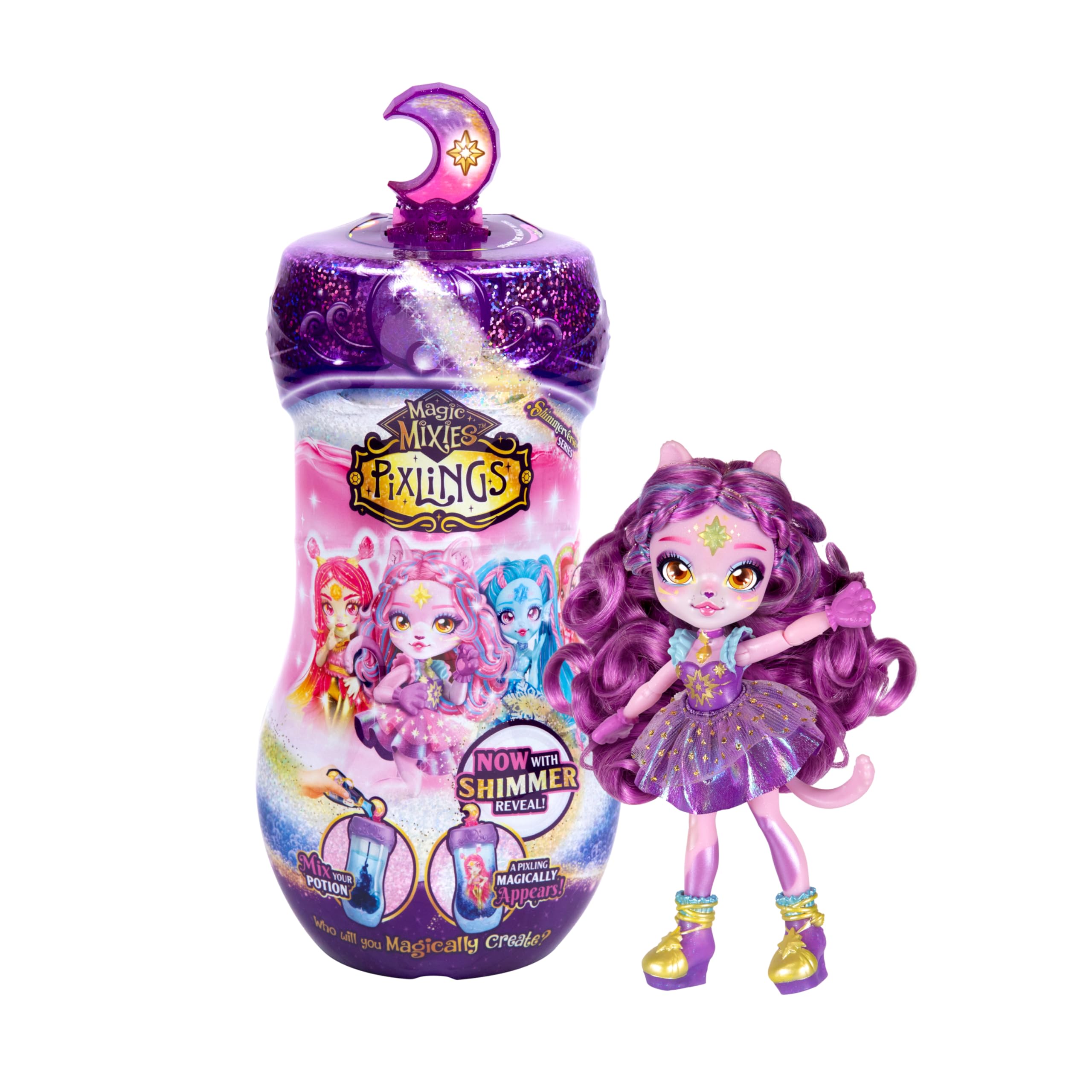 Magic Mixies Pixlings Shimmerverse-serie, maak en mix toverdrank om Catlyn de kat op magische wijze te onthullen, kijk hoe deze prachtige 6.5" Shimmerverse Pixling Fashion Doll in de drankfles