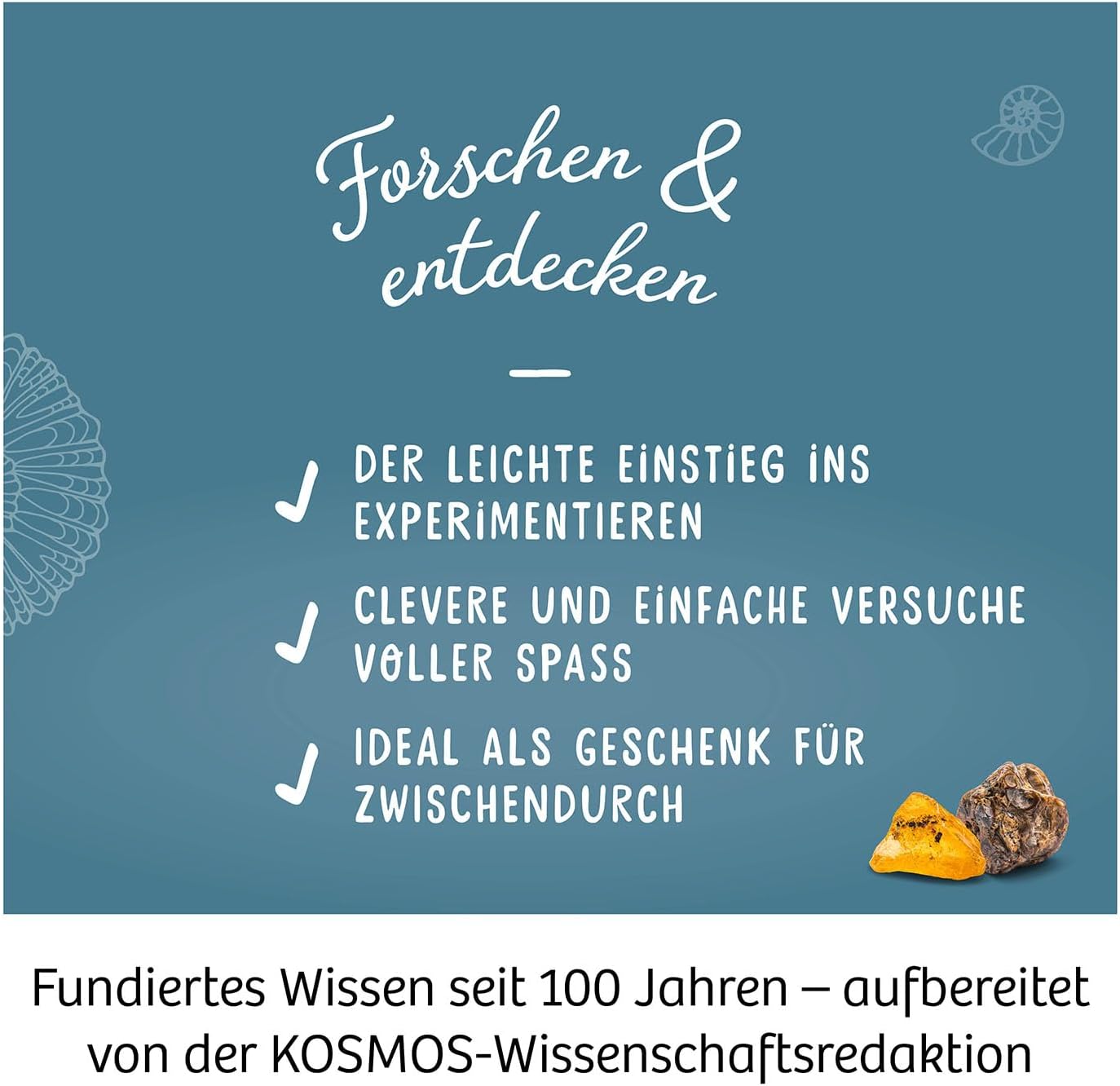 KOSMOS 617226 Fossilien Ausgrabungs-Set, Grabe echte Versteinerungen und Bernstein selbst aus, mit Hammer und Meißel, Experimentierset für Kinder ab 7 Jahre, mehrsprachige Anleitung