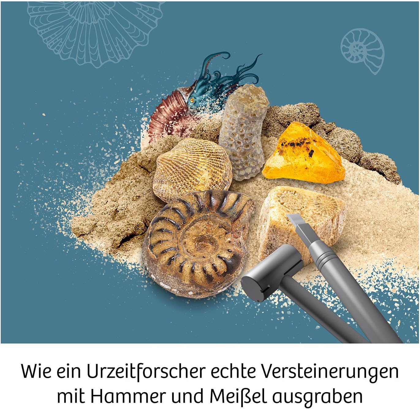 KOSMOS 617226 Fossilien Ausgrabungs-Set, Grabe echte Versteinerungen und Bernstein selbst aus, mit Hammer und Meißel, Experimentierset für Kinder ab 7 Jahre, mehrsprachige Anleitung