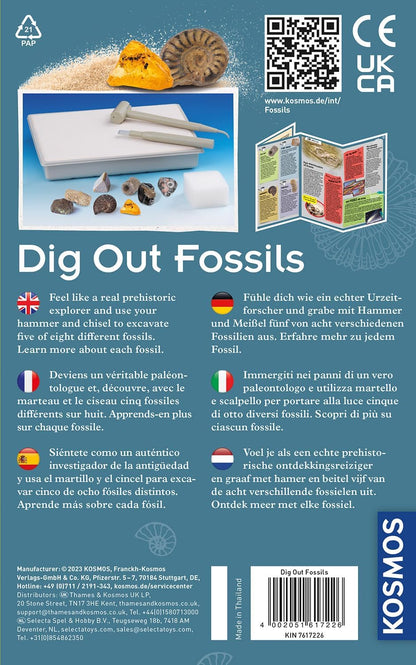 KOSMOS 617226 Fossilien Ausgrabungs-Set, Grabe echte Versteinerungen und Bernstein selbst aus, mit Hammer und Meißel, Experimentierset für Kinder ab 7 Jahre, mehrsprachige Anleitung