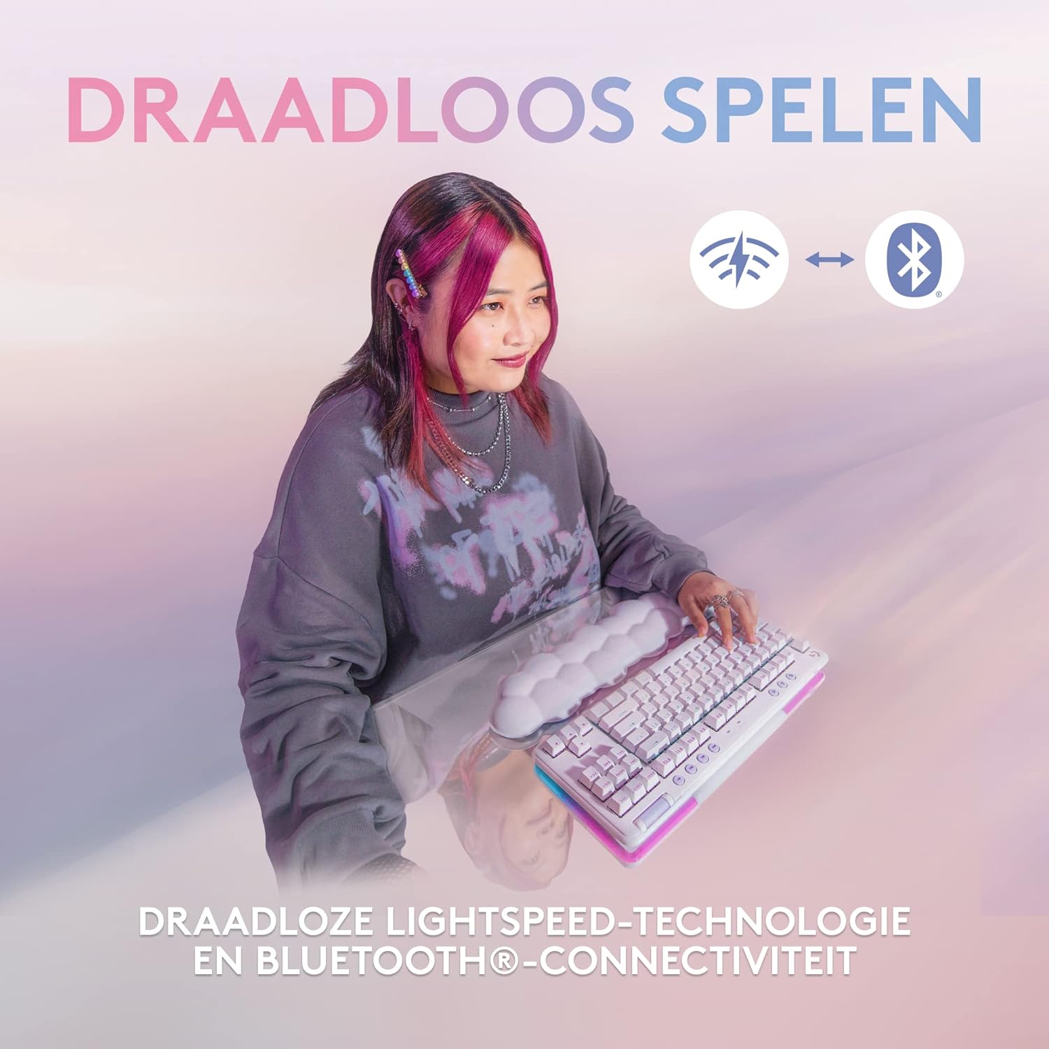 Logitech G G715 Draadloos gamingtoetsenbord met verlichting LIGHTSYNC RGB lichtsnelheid, lineaire schakelaar (GX bruin) en polssteun voor toetsenbord, compatibel met pc en Mac, mistwit