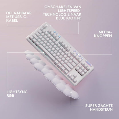 Logitech G G715 Draadloos gamingtoetsenbord met verlichting LIGHTSYNC RGB lichtsnelheid, lineaire schakelaar (GX bruin) en polssteun voor toetsenbord, compatibel met pc en Mac, mistwit