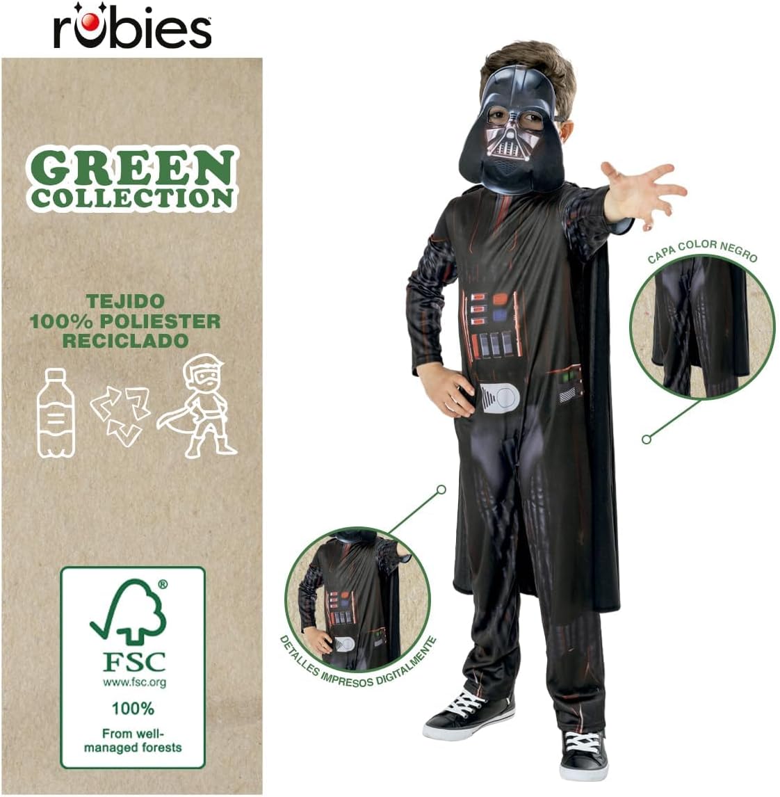Rubies Darth Vader Kostüm für Kinder, Jumpsuit mit Umhang und Maske, offizielles Star Wars-Kostüm, nachhaltig, grüne Kollektion für Karneval, Weihnachten, Geburtstag, Party und Halloween.
