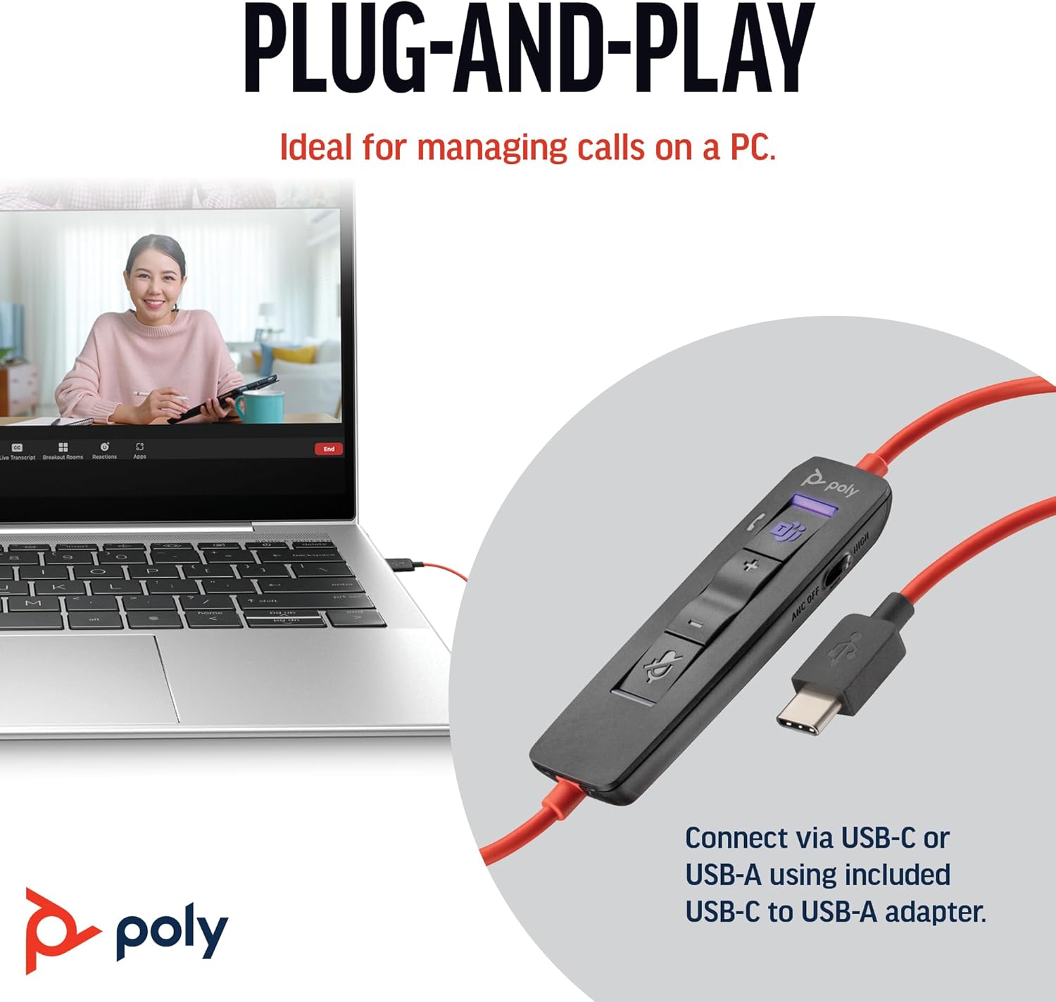 Poly Blackwire 8225 Premium Wired Headset – Active Noise Canceling – Hi-fi Stereo - Connect to PC/Mac - Certified for Microsoft Teams 2024 Version (USB-C & USB-A)