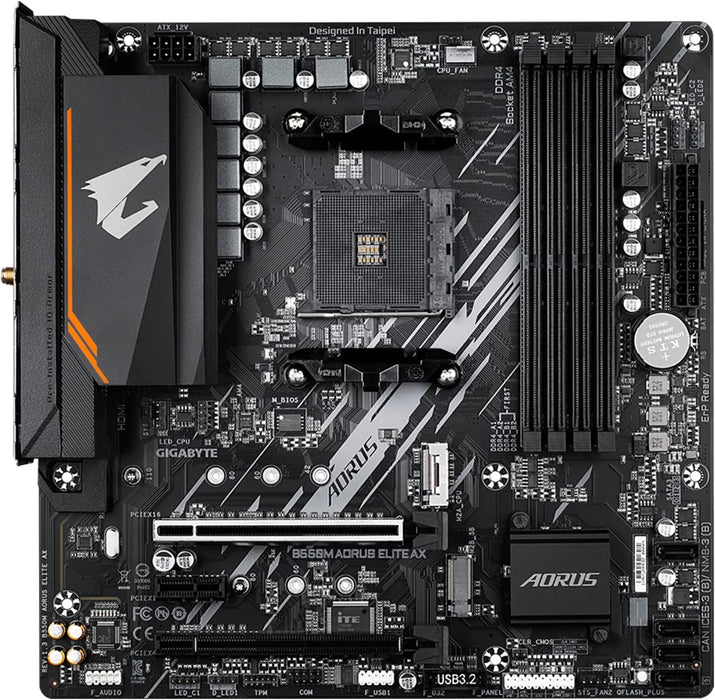 Gigabyte B550M AORUS ELITE AX Motherboard - Supports AMD Ryzen 5000 CPUs, 5+3 Phases Pure Digital VRM, up to 4733MHz DDR5 (OC), 1xPCIe 4.0 M.2, Wi-Fi 6E, GbE LAN, USB 3.2 Gen 2