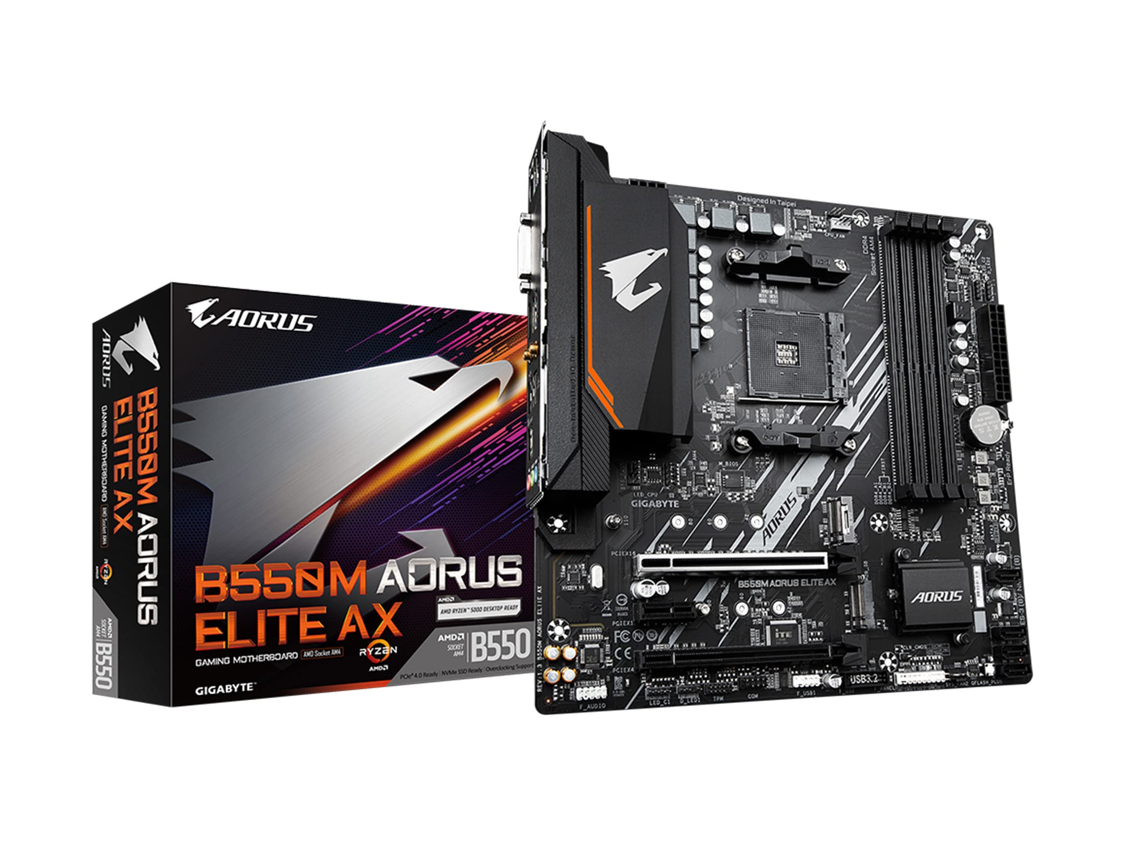 Gigabyte B550M AORUS ELITE AX Motherboard - Supports AMD Ryzen 5000 CPUs, 5+3 Phases Pure Digital VRM, up to 4733MHz DDR5 (OC), 1xPCIe 4.0 M.2, Wi-Fi 6E, GbE LAN, USB 3.2 Gen 2