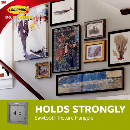 Command 17040 Sawtooth Picture Hanger Kit with Adhesive Strips - Hanger Holds up to 1.8Kg (4lb) - 75 mm x 25 mm, White ,Pack of 1