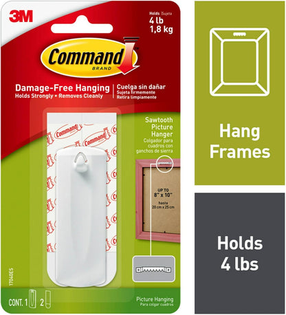 Command 17040 Sawtooth Picture Hanger Kit with Adhesive Strips - Hanger Holds up to 1.8Kg (4lb) - 75 mm x 25 mm, White ,Pack of 1