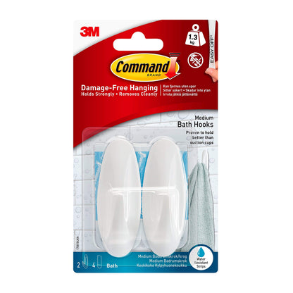 3M Command Medium Bath Oval Hooks With Command Adhesive Strips White (Pack 2) - 7100119054