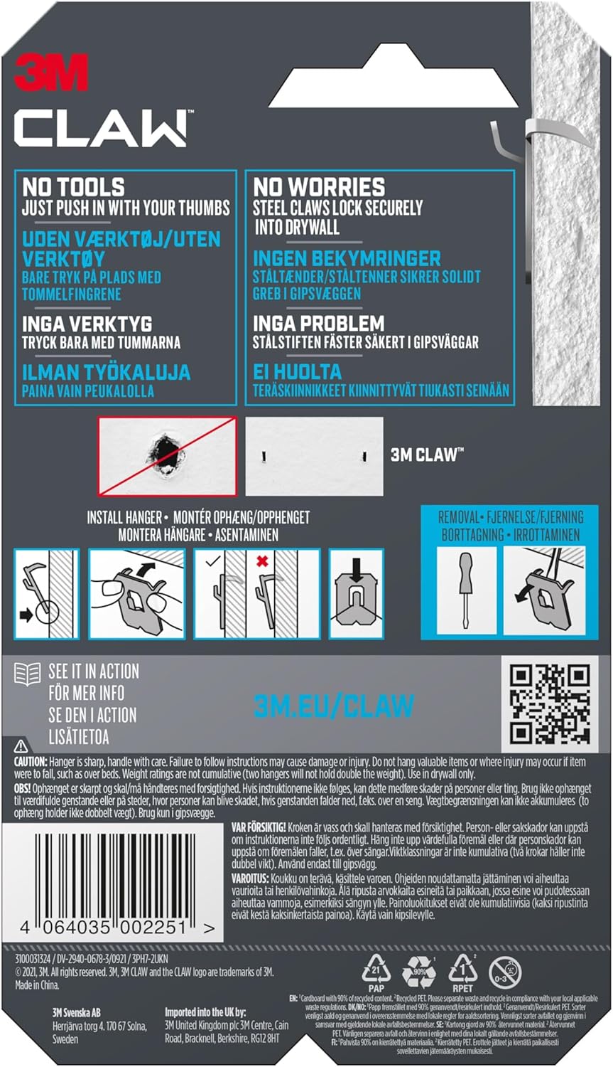 3M CLAW Picture Hooks for Hanging Paintings on Plaster Walls, 2 Hooks - Maximum Weight Tested up to 7 kg - Ideal for Attaching Heavy Objects, Mirrors, Home Decor, No Tools