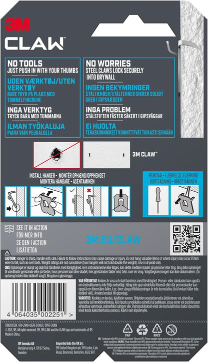 3M CLAW Picture Hooks for Hanging Paintings on Plaster Walls, 2 Hooks - Maximum Weight Tested up to 7 kg - Ideal for Attaching Heavy Objects, Mirrors, Home Decor, No Tools