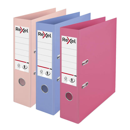 Rexel Pastel Plastic A4 Lever Arch Files, 3-Pack (Pink, Blue, Peach), Patented No.1 Power Mechanism, FSC Certified, Replaceable Spine Labels, Ring Binder, Archiving & Home Office File Organizer