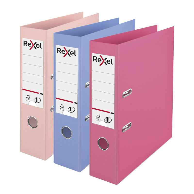 Rexel Pastel Plastic A4 Lever Arch Files, 3-Pack (Pink, Blue, Peach), Patented No.1 Power Mechanism, FSC Certified, Replaceable Spine Labels, Ring Binder, Archiving & Home Office File Organizer