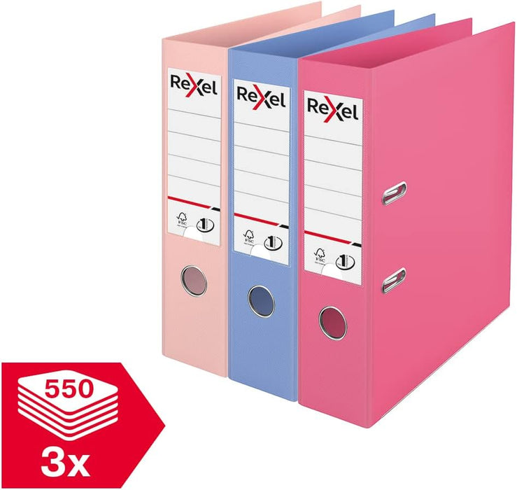 Rexel Pastel Plastic A4 Lever Arch Files, 3-Pack (Pink, Blue, Peach), Patented No.1 Power Mechanism, FSC Certified, Replaceable Spine Labels, Ring Binder, Archiving & Home Office File Organizer