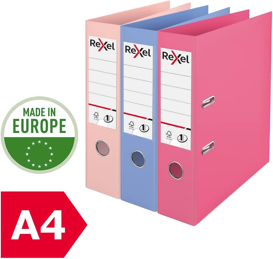 Rexel Pastel Plastic A4 Lever Arch Files, 3-Pack (Pink, Blue, Peach), Patented No.1 Power Mechanism, FSC Certified, Replaceable Spine Labels, Ring Binder, Archiving & Home Office File Organizer