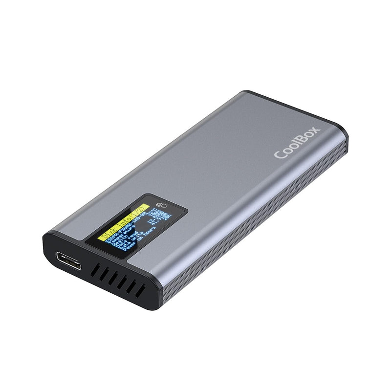 CoolBox M2 NMVe SSD enclosure and SATA 2.5 SSD with touch screen miniChase PS32, USB3.2 10Gbps. Aluminium, M.2 formats 2242, 2260 and 2280, UASP support. Simple tool-free assembly.