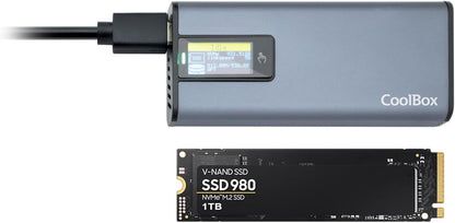 CoolBox M2 NMVe SSD enclosure and SATA 2.5 SSD with touch screen miniChase PS32, USB3.2 10Gbps. Aluminium, M.2 formats 2242, 2260 and 2280, UASP support. Simple tool-free assembly.