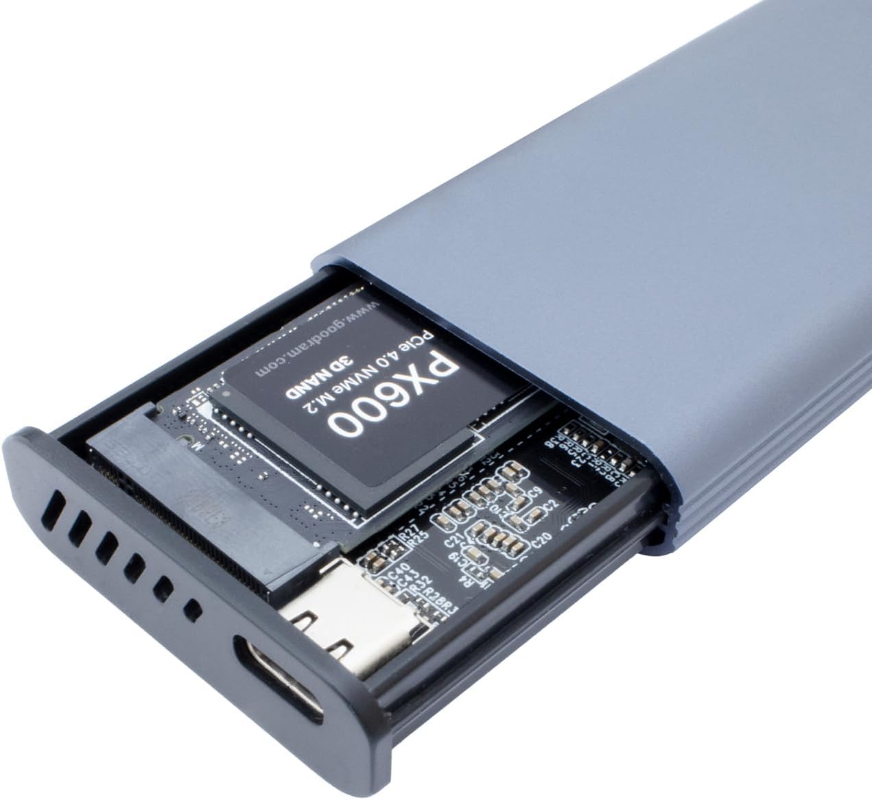 CoolBox M2 NMVe SSD enclosure and SATA 2.5 SSD with touch screen miniChase PS32, USB3.2 10Gbps. Aluminium, M.2 formats 2242, 2260 and 2280, UASP support. Simple tool-free assembly.