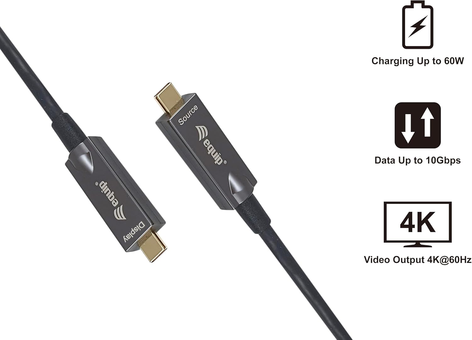 Equip 119461 Aktives optisches USB-C-auf-C-Kabel, Stecker/Stecker, 5,0 m, PD 60 W, 4K/60 Hz, 10 Gbit/s, Video+Daten+PD