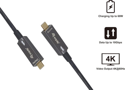 Equip 119461 Aktives optisches USB-C-auf-C-Kabel, Stecker/Stecker, 5,0 m, PD 60 W, 4K/60 Hz, 10 Gbit/s, Video+Daten+PD