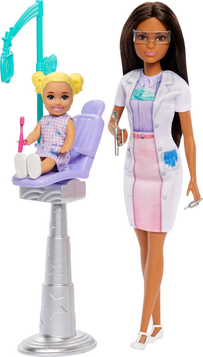 Barbie Muñeca de dentista con muñeca morena de moda con vestido azul y abrigo de laboratorio, 1 muñeca para niños, muebles y accesorios para médicos