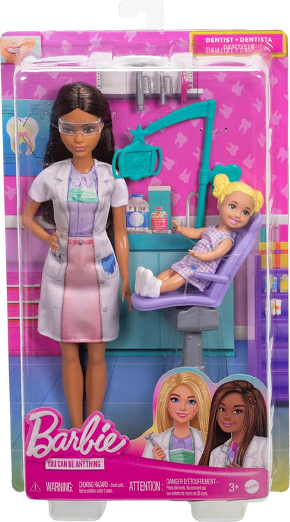 Barbie Muñeca de dentista con muñeca morena de moda con vestido azul y abrigo de laboratorio, 1 muñeca para niños, muebles y accesorios para médicos