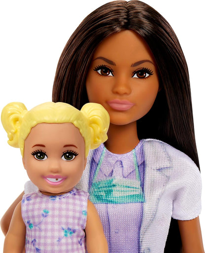 Barbie Muñeca de dentista con muñeca morena de moda con vestido azul y abrigo de laboratorio, 1 muñeca para niños, muebles y accesorios para médicos
