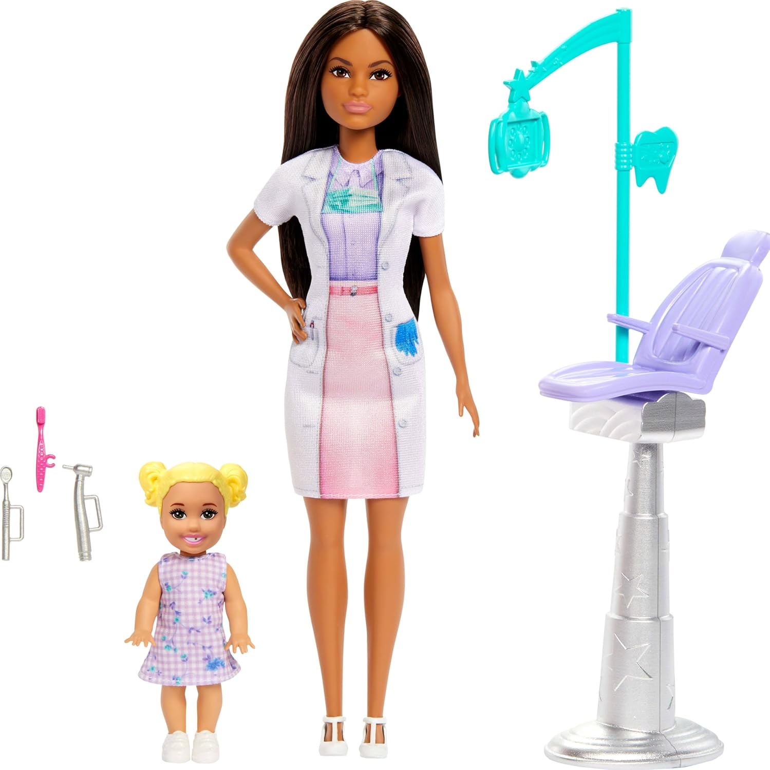 Barbie Muñeca de dentista con muñeca morena de moda con vestido azul y abrigo de laboratorio, 1 muñeca para niños, muebles y accesorios para médicos