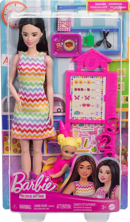 Barbie Teacher with Blonde Fashion Doll with Printed Dress, 1 Toddler Doll, & Teaching Accessories