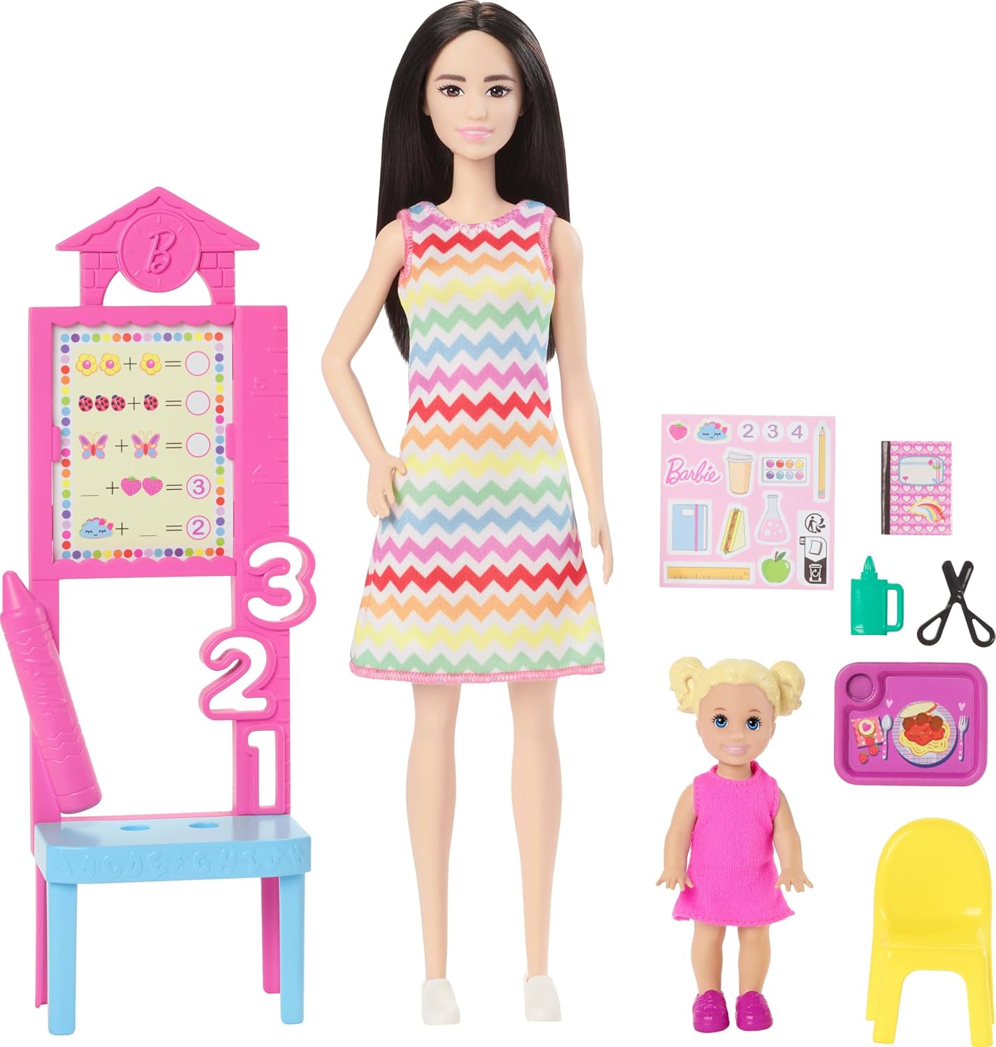 Barbie Teacher with Blonde Fashion Doll with Printed Dress, 1 Toddler Doll, & Teaching Accessories