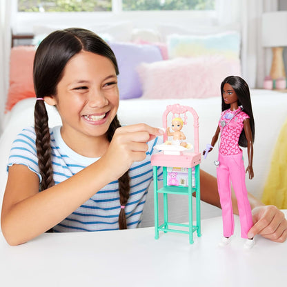 Barbie Baby Doctor Doll with Brunette Fashion Doll Wearing Pink Scrubs, 1 Baby Doll with Baby Accessories & Furniture