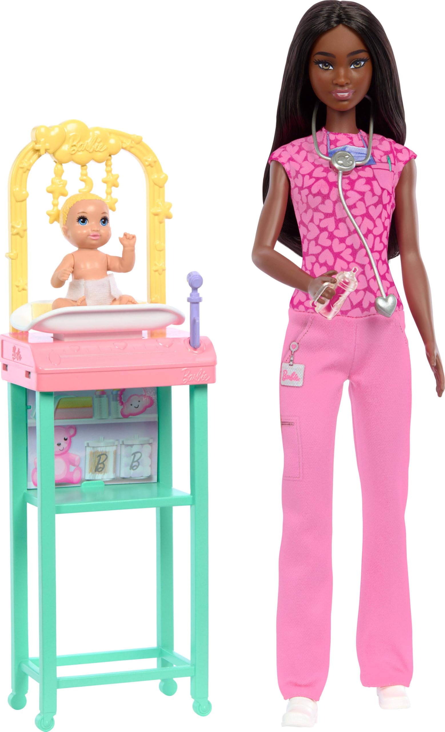 Barbie Baby Doctor Doll with Brunette Fashion Doll Wearing Pink Scrubs, 1 Baby Doll with Baby Accessories & Furniture