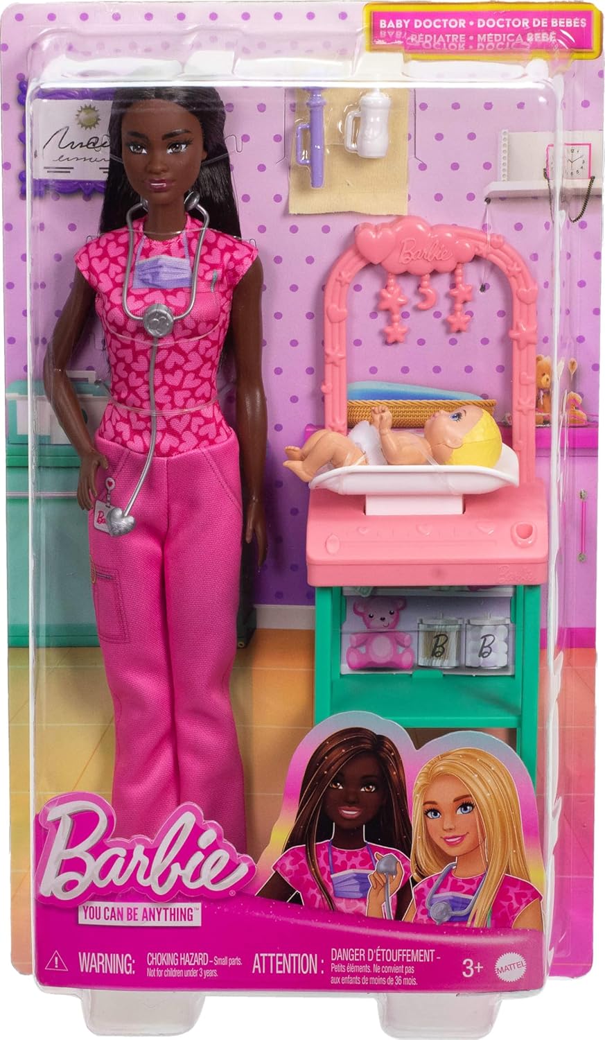 Barbie Baby Doctor Doll with Brunette Fashion Doll Wearing Pink Scrubs, 1 Baby Doll with Baby Accessories & Furniture
