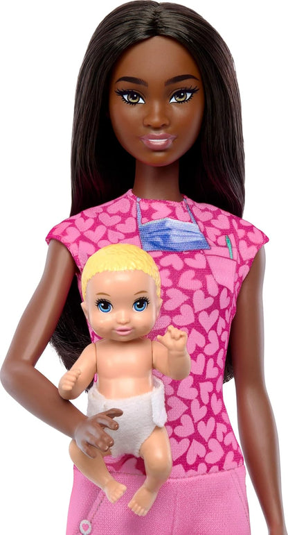 Barbie Baby Doctor Doll with Brunette Fashion Doll Wearing Pink Scrubs, 1 Baby Doll with Baby Accessories & Furniture