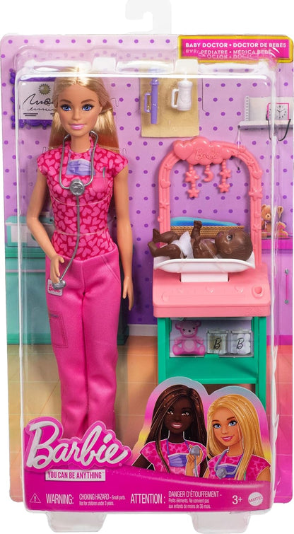 Barbie Baby Doctor Doll with Blonde Fashion Doll Wearing Pink Scrubs, 1 Baby Doll with Baby Accessories & Furniture