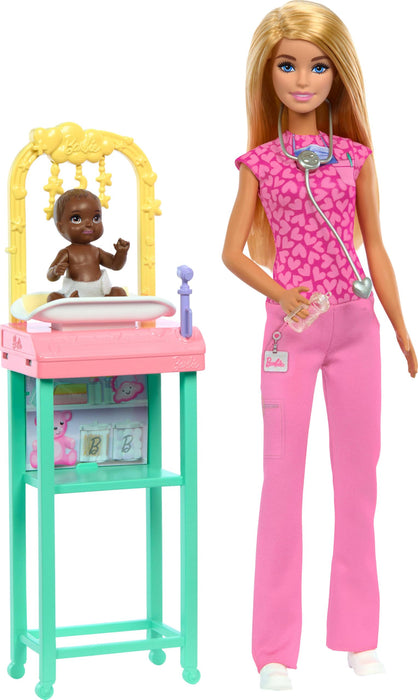 Barbie Baby Doctor Doll with Blonde Fashion Doll Wearing Pink Scrubs, 1 Baby Doll with Baby Accessories & Furniture