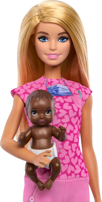 Barbie Baby Doctor Doll with Blonde Fashion Doll Wearing Pink Scrubs, 1 Baby Doll with Baby Accessories & Furniture