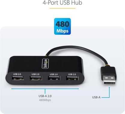 StarTech.com 4-Port USB 2.0 Hub, USB Bus Powered, Small Travel Mini USB Hub, Multi-Port USB 2.0 Splitter, Portable USB Hub