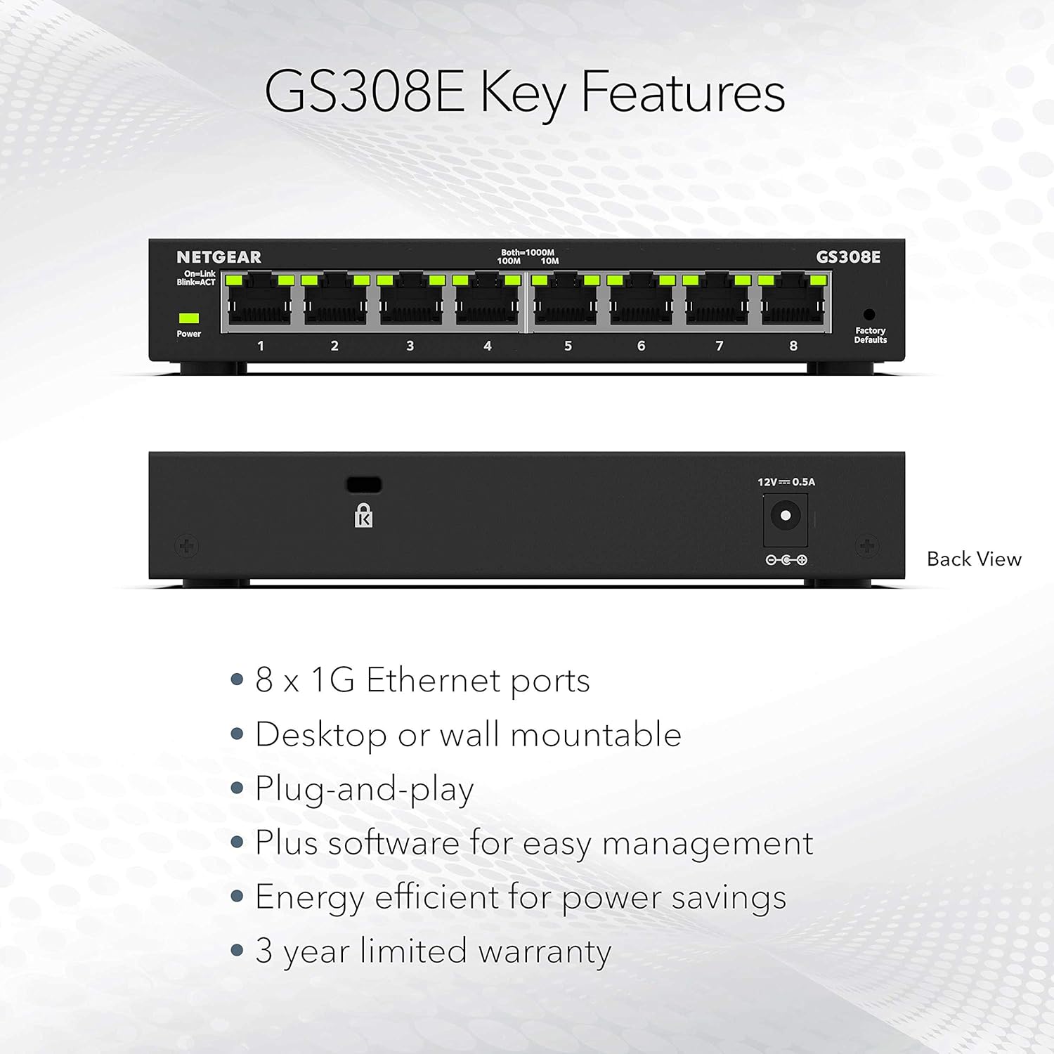 NETGEAR 8-Port Gigabit Ethernet Plus Switch (GS308E) - Desktop or Wall Mount, Home Network Hub, Office Ethernet Splitter, Silent Operation