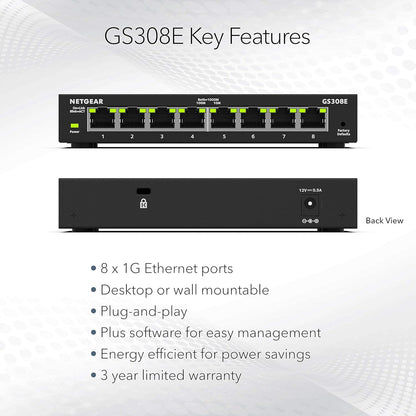NETGEAR 8-Port Gigabit Ethernet Plus Switch (GS308E) - Desktop or Wall Mount, Home Network Hub, Office Ethernet Splitter, Silent Operation