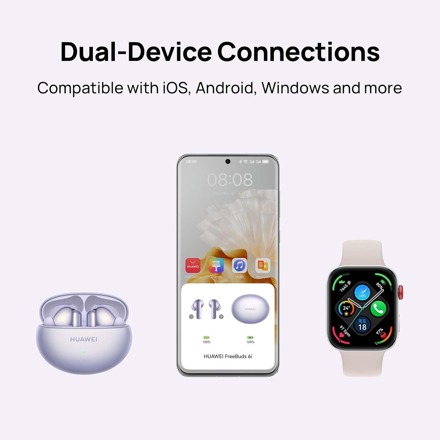 HUAWEI FreeBuds 6i Wireless Earbuds, Bluetooth 5.3, Active Noise Cancellation 3.0,Punchy Bass,35 hours battery life,IP54 Water-resistance, Dual-Device Connection,Compatible with Android an iOS, Purple