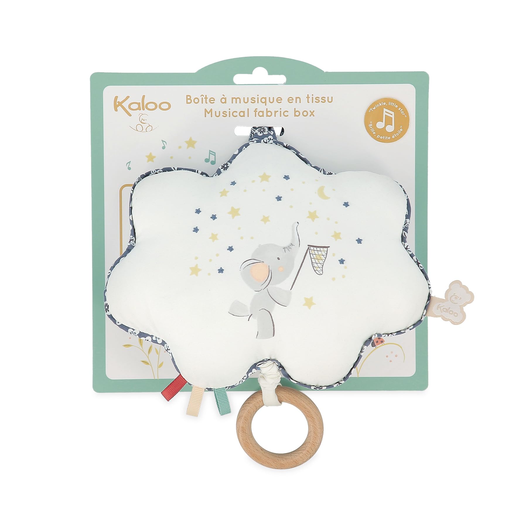 Kaloo - Petites Chansons, K210001, muziekbox van stof en hout, muziekkussen, 15 cm, liedbril Petite Etoile, baby-prikkelend kussen, blauw en wit, vanaf de geboorte
