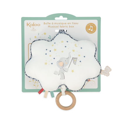 Kaloo - Petites Chansons, K210001, muziekbox van stof en hout, muziekkussen, 15 cm, liedbril Petite Etoile, baby-prikkelend kussen, blauw en wit, vanaf de geboorte