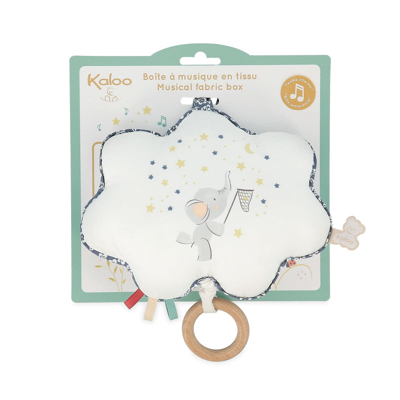 Kaloo - Petites Chansons, K210001, muziekbox van stof en hout, muziekkussen, 15 cm, liedbril Petite Etoile, baby-prikkelend kussen, blauw en wit, vanaf de geboorte