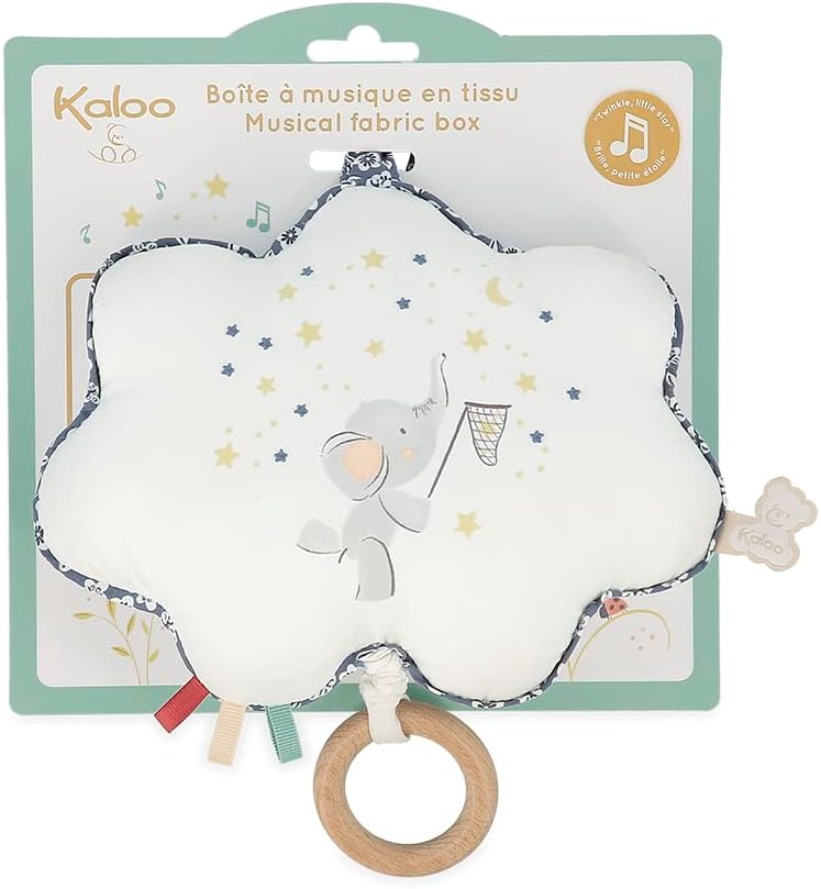 Kaloo - Petites Chansons, K210001, muziekbox van stof en hout, muziekkussen, 15 cm, liedbril Petite Etoile, baby-prikkelend kussen, blauw en wit, vanaf de geboorte