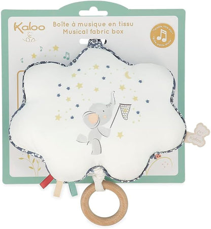 Kaloo - Petites Chansons, K210001, muziekbox van stof en hout, muziekkussen, 15 cm, liedbril Petite Etoile, baby-prikkelend kussen, blauw en wit, vanaf de geboorte