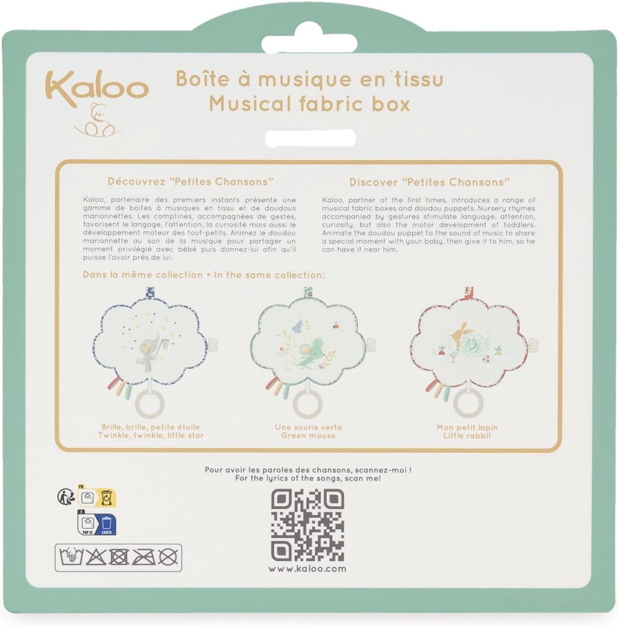 Kaloo - Petites Chansons, K210001, muziekbox van stof en hout, muziekkussen, 15 cm, liedbril Petite Etoile, baby-prikkelend kussen, blauw en wit, vanaf de geboorte