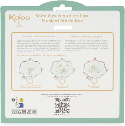 Kaloo - Petites Chansons, K210001, muziekbox van stof en hout, muziekkussen, 15 cm, liedbril Petite Etoile, baby-prikkelend kussen, blauw en wit, vanaf de geboorte