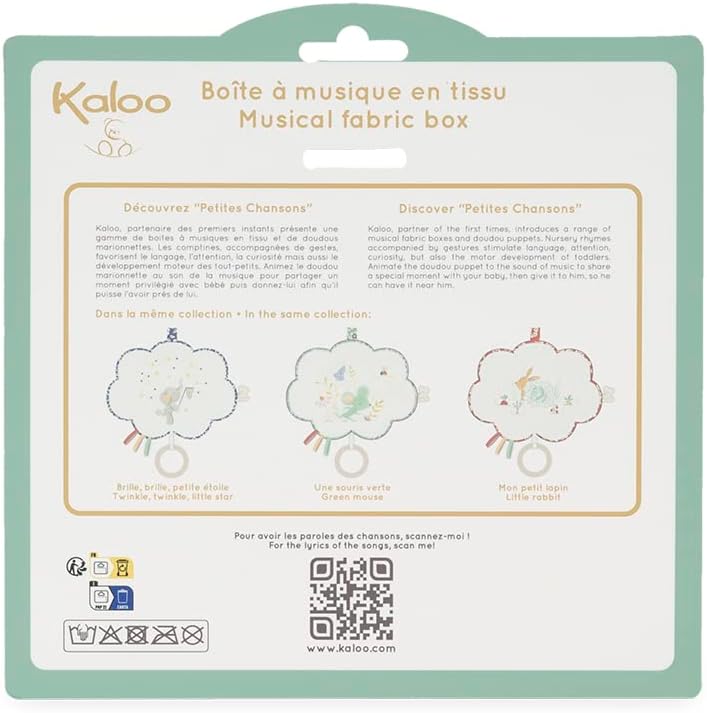 Kaloo - Petites Chansons, K210001, muziekbox van stof en hout, muziekkussen, 15 cm, liedbril Petite Etoile, baby-prikkelend kussen, blauw en wit, vanaf de geboorte