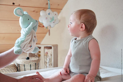 Kaloo - Petites Chansons, K210001, muziekbox van stof en hout, muziekkussen, 15 cm, liedbril Petite Etoile, baby-prikkelend kussen, blauw en wit, vanaf de geboorte